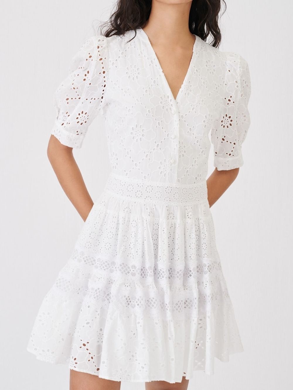 Maje White Eyelet V-Neck Short Dress